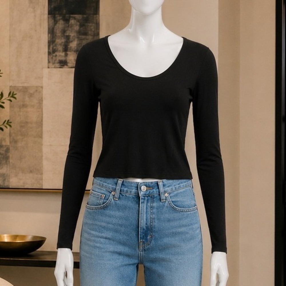 Gap Women Top Long Sleeve Ribbed Scoop Neck Black Large